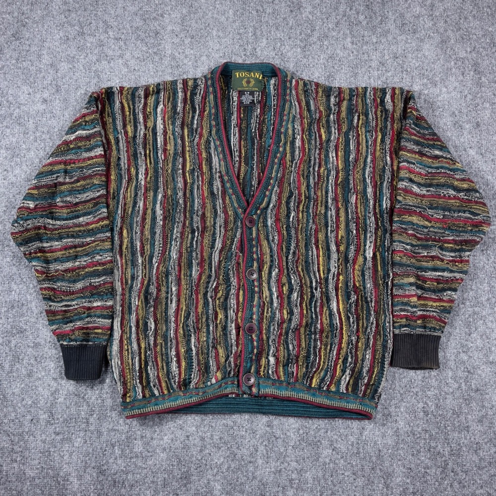 Tosani Cardigan Sweater Mens Small Multicolor 3D Textured Knit Vertical Stripe